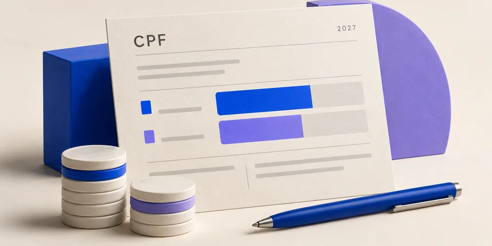 Ivory payslip marked CPF 2027 with blue and violet contribution bars and ceramic coin stacks.