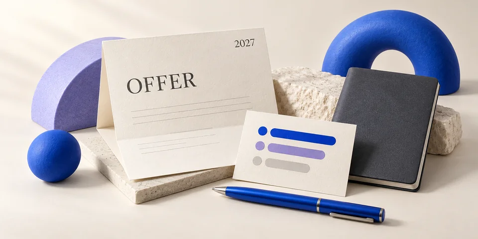 Employment offer letter, pay-component card and closed travel document in blue and ivory.