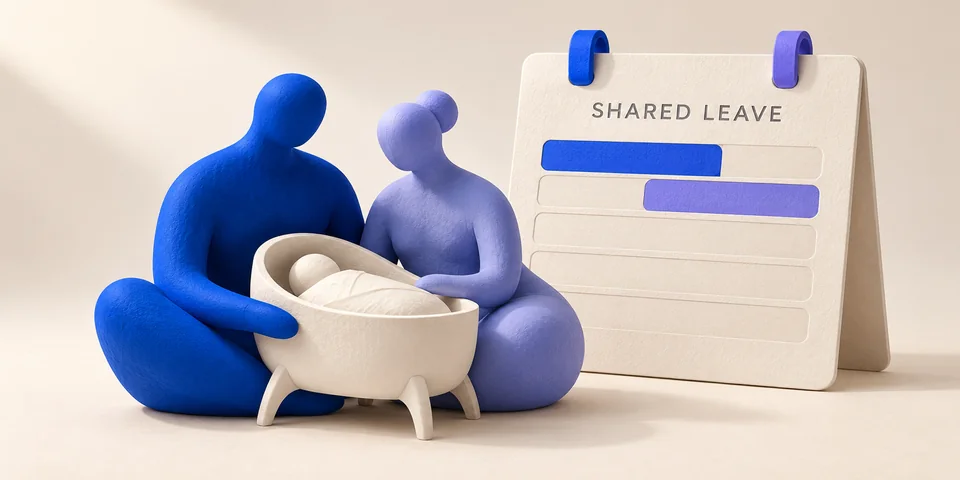 Two sculptural parents beside an infant’s cradle and a shared-leave planner.